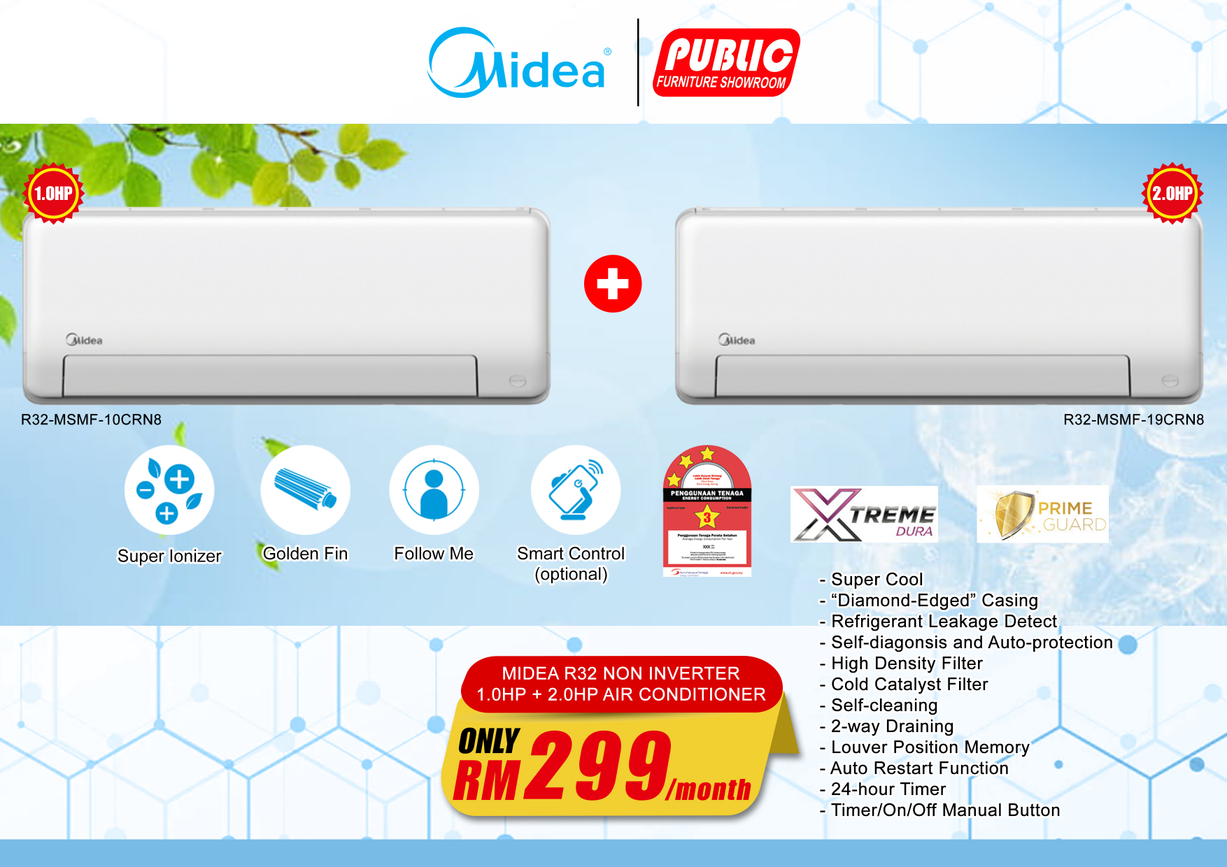 MIDEA R32 AIR CONDITIONER 1.0HP+2.0HP