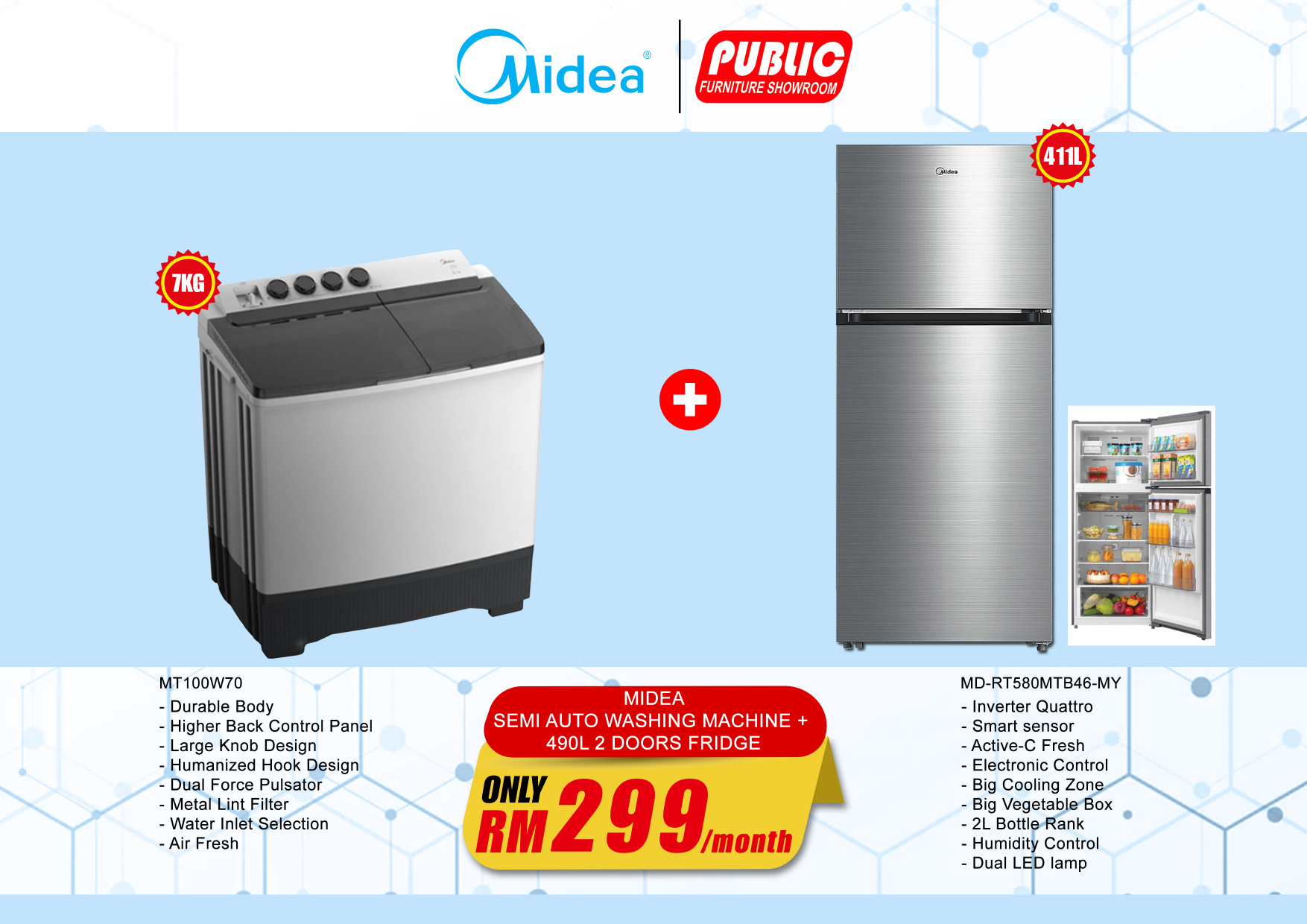 MIDEA 7KG SEMI AUTO WASHING MACHINE + MIDEA FRIDGE 2 DOOR 411L